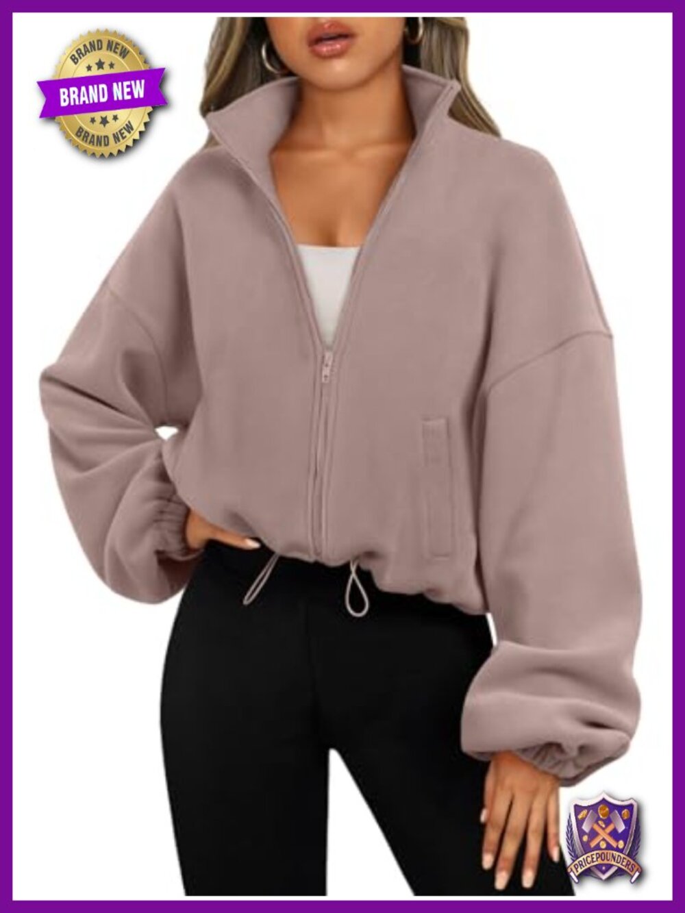 Womens Full Zip Oversized Cropped Fleece Jacket Y2K Sweatshirt